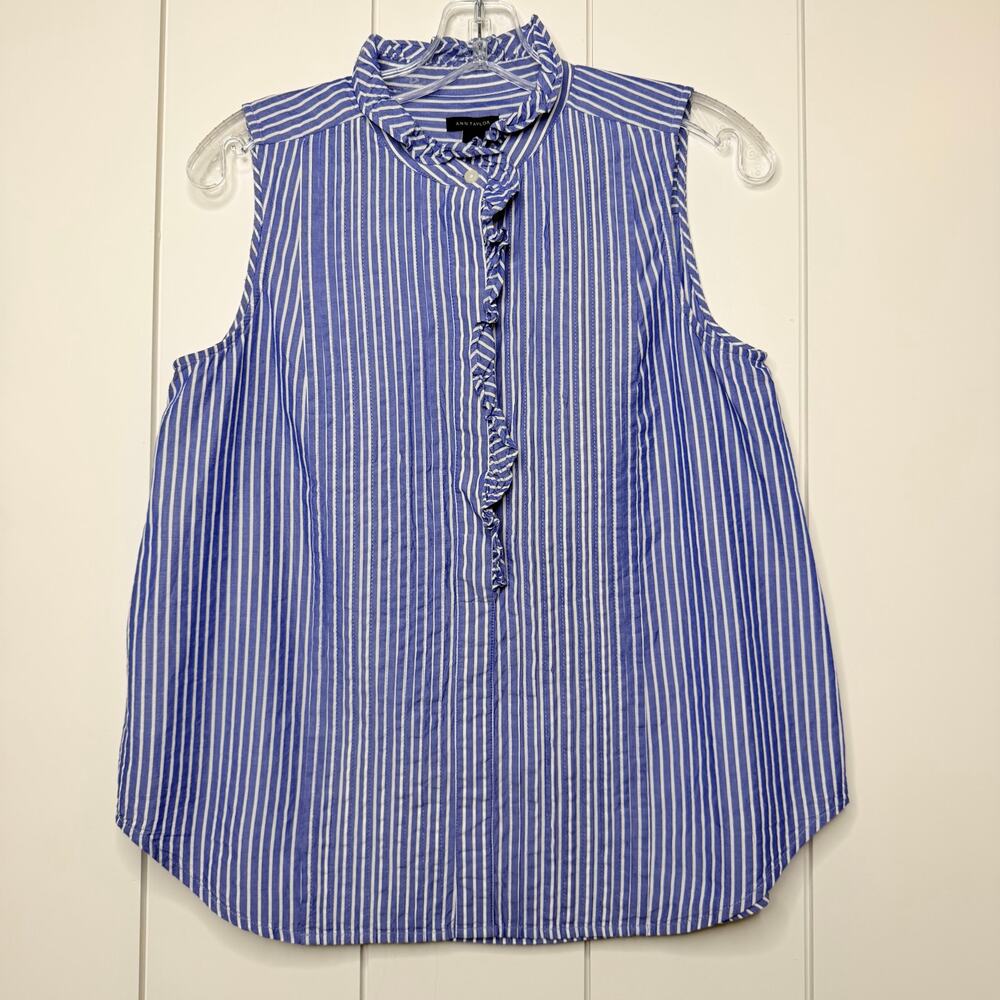 LOFT Ann Taylor Blue Stripe Pintuck Ruffle Sleeveless Blouse S